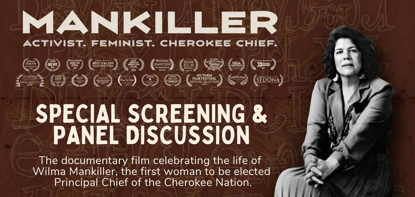 Image of Wilma Mankiller seated, with title of event.