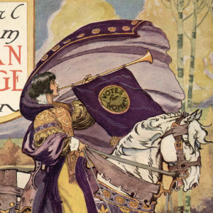 Illustration of woman on horse traveling through Wasington, D.C. for 1913 suffrage parade.