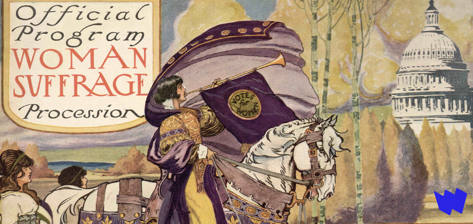 Illustration of woman on horse traveling through Wasington, D.C. for 1913 suffrage parade.