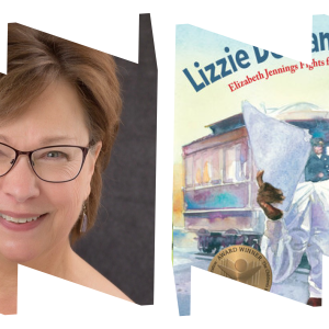 In left "W" frame, headshot of author Beth Anderson, right "M" frame with book cover featuring illustration of Lizzie Jennings.