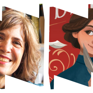 Left "W" frame with headshot of author Nancy Churnin; right "M" frame with illustration from cover of book of Eliza Davis