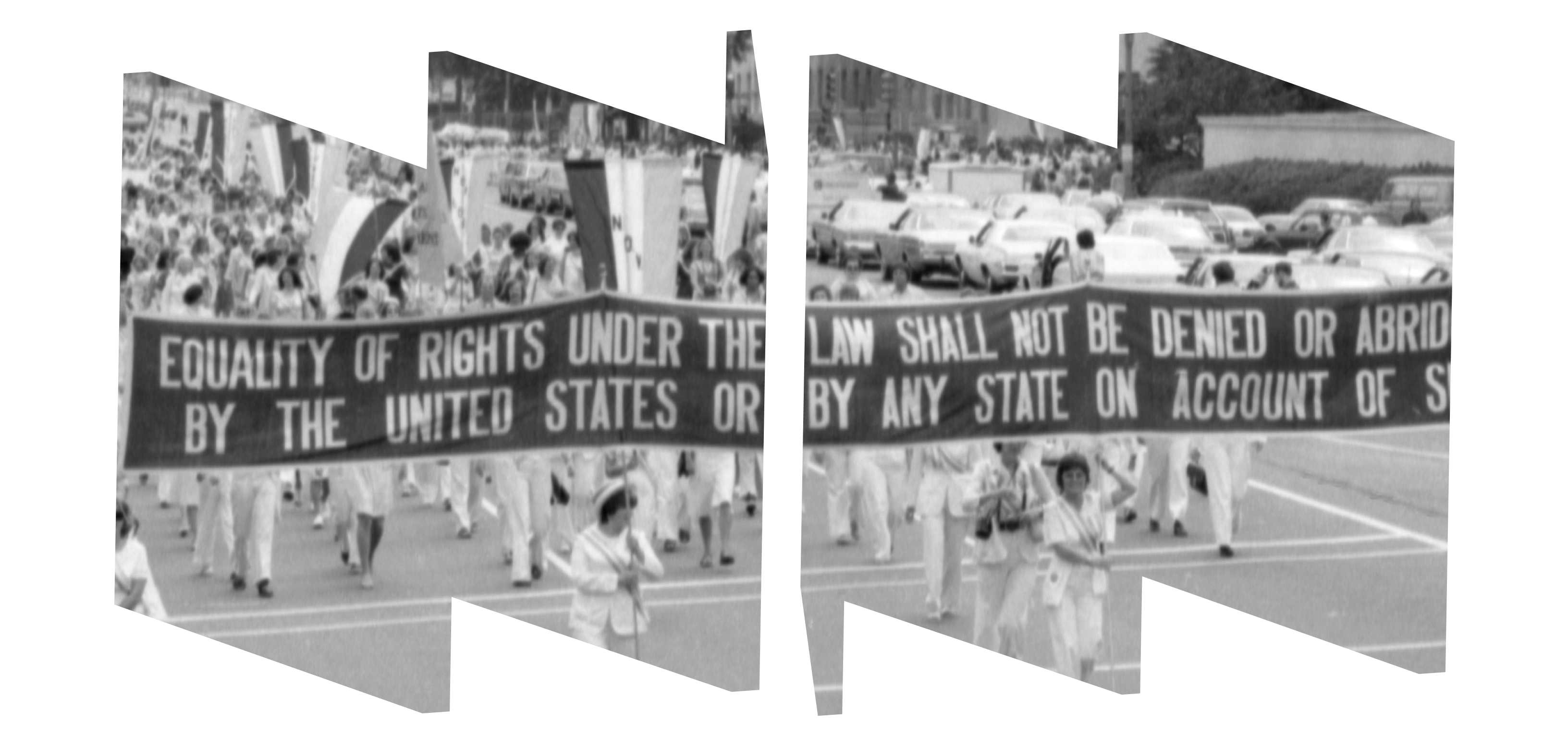 Participants in Alice Paul Memorial March carry a banner with the text of the 19th Amendment: "Equality of Rights Under the Law Shall not be Denied or Abridged by the United States or by any State on Account of Sex," August 26, 1977, by Richard Hofmeister, SIA Acc.