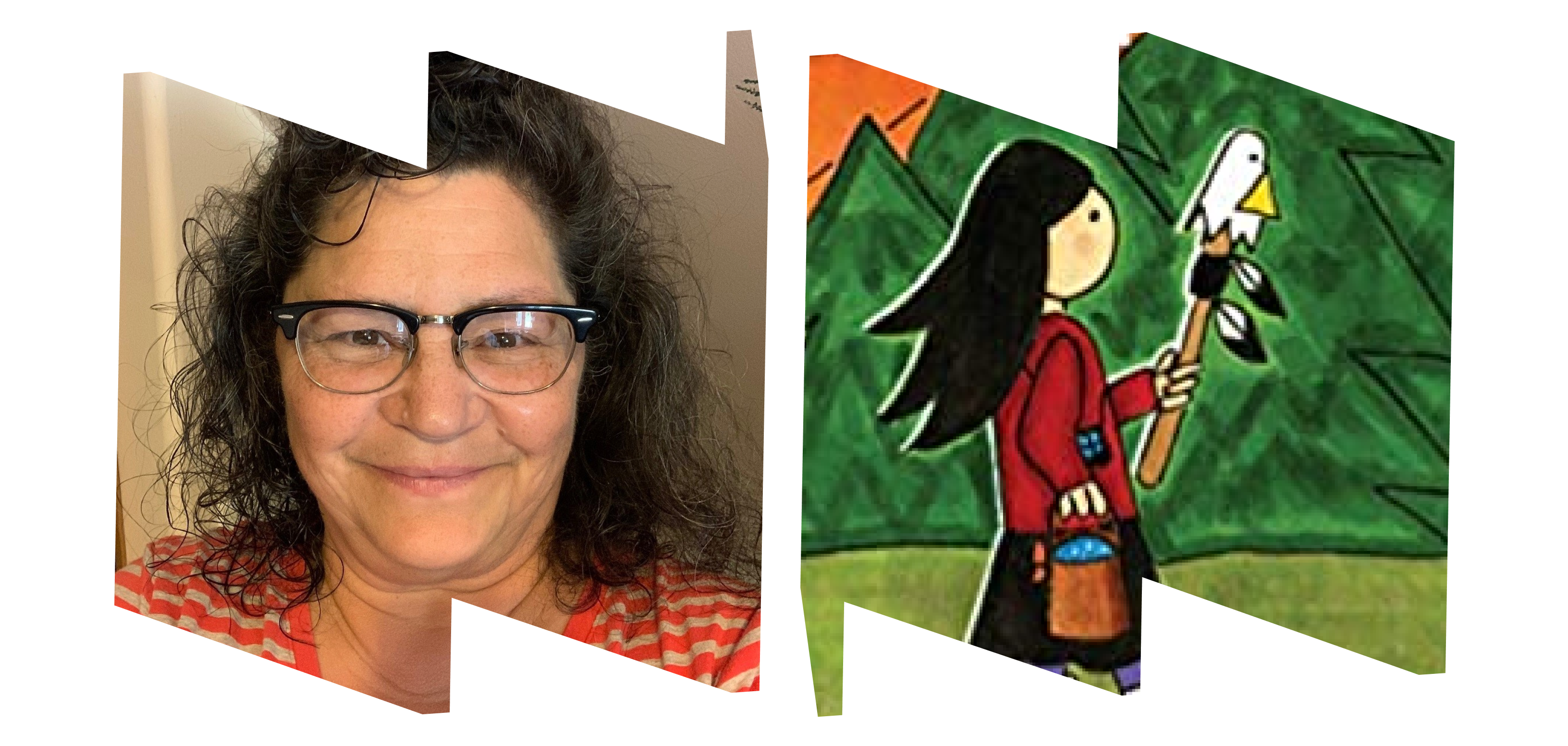 In left "W" frame, headshot of author Joanne Robertson; in right "M" frame, image of young girl walking and carrying watering can from cover of the book