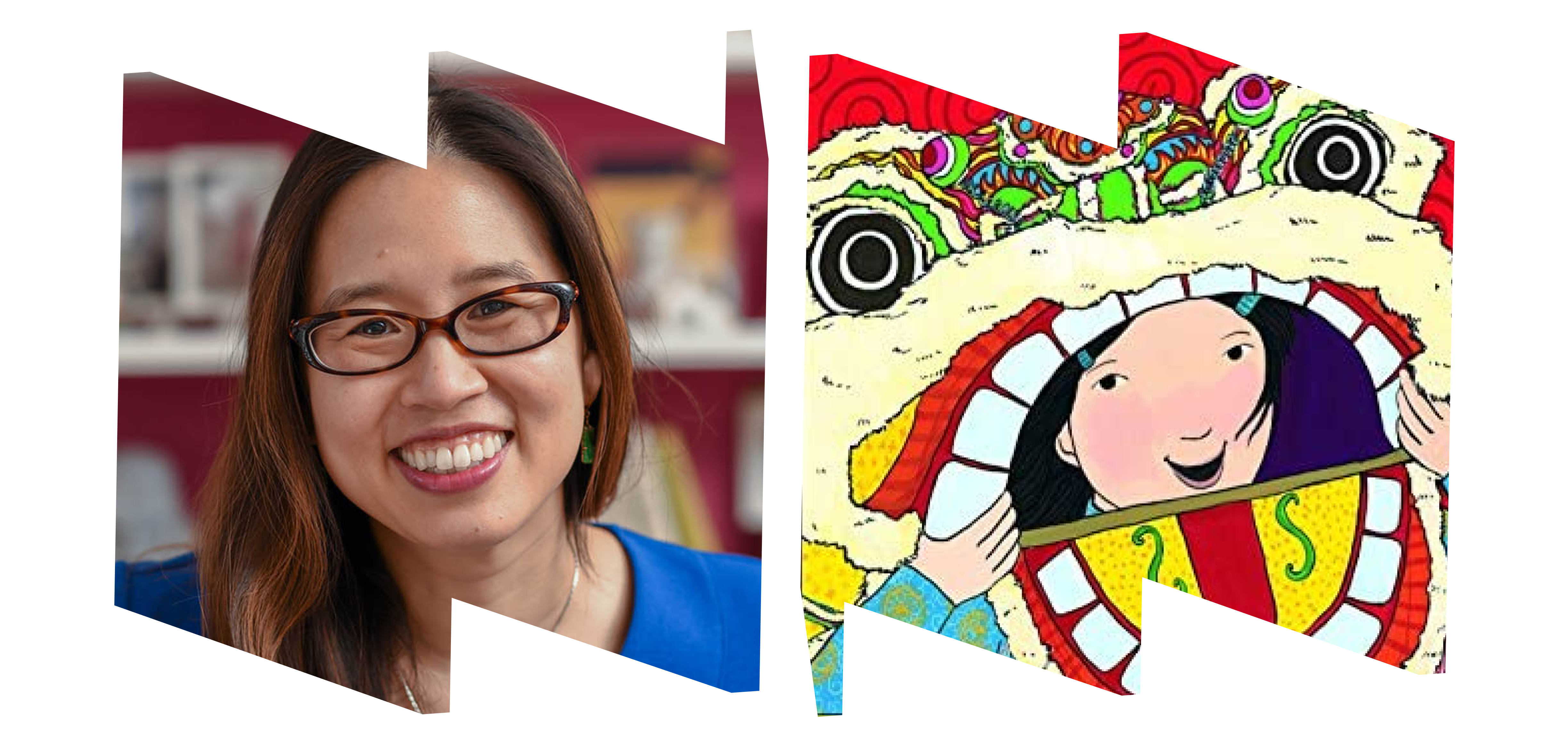 Left "W" frame with author Grace Lin. Right "M" frame with book cover (illustration of young girl).