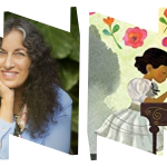 Left "W" frame a headshot of author Margarita Engle; right "W" frame with illustration of girl playing piano (book cover).