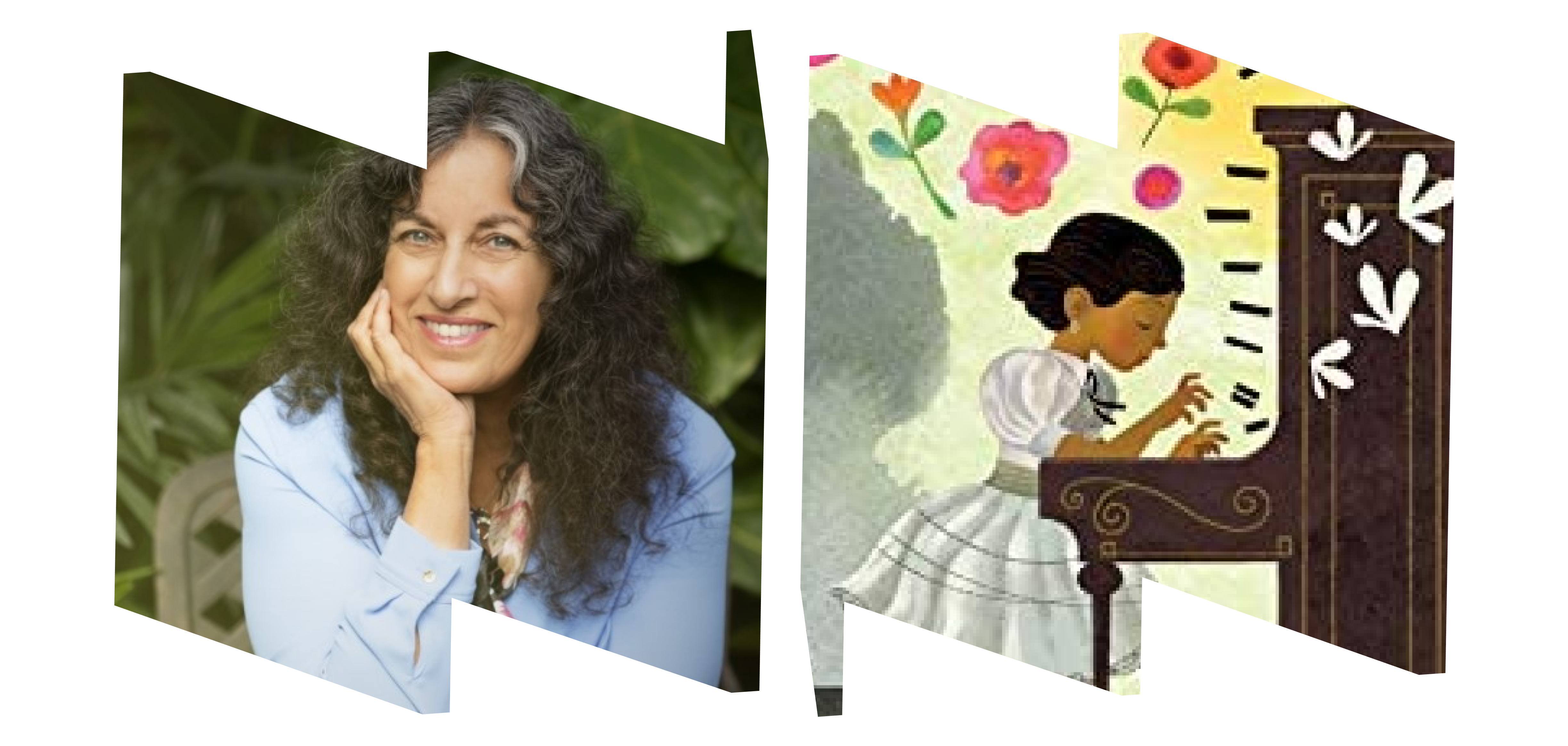 Left "W" frame a headshot of author Margarita Engle; right "W" frame with illustration of girl playing piano (book cover).