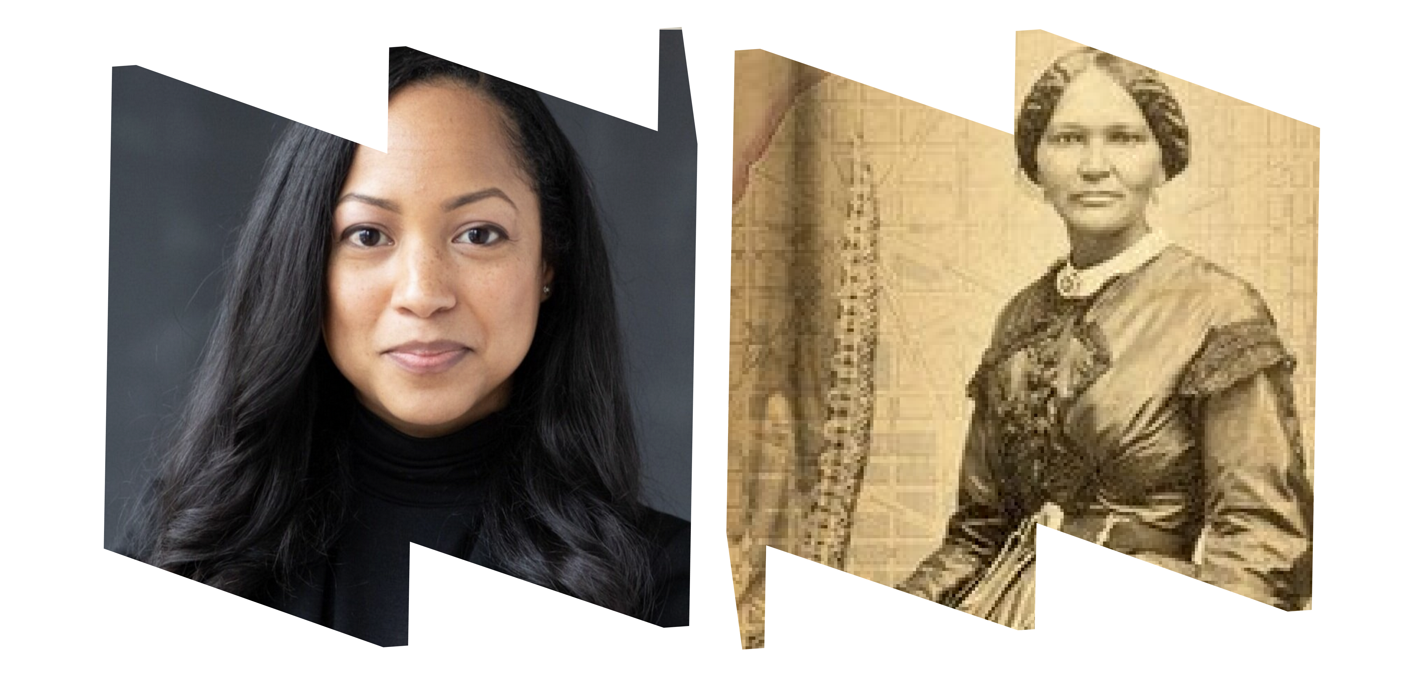 Left "W" frame with headshot of Tamika Y. Nunley; right "M" frame Threshold of Liberty book cover.