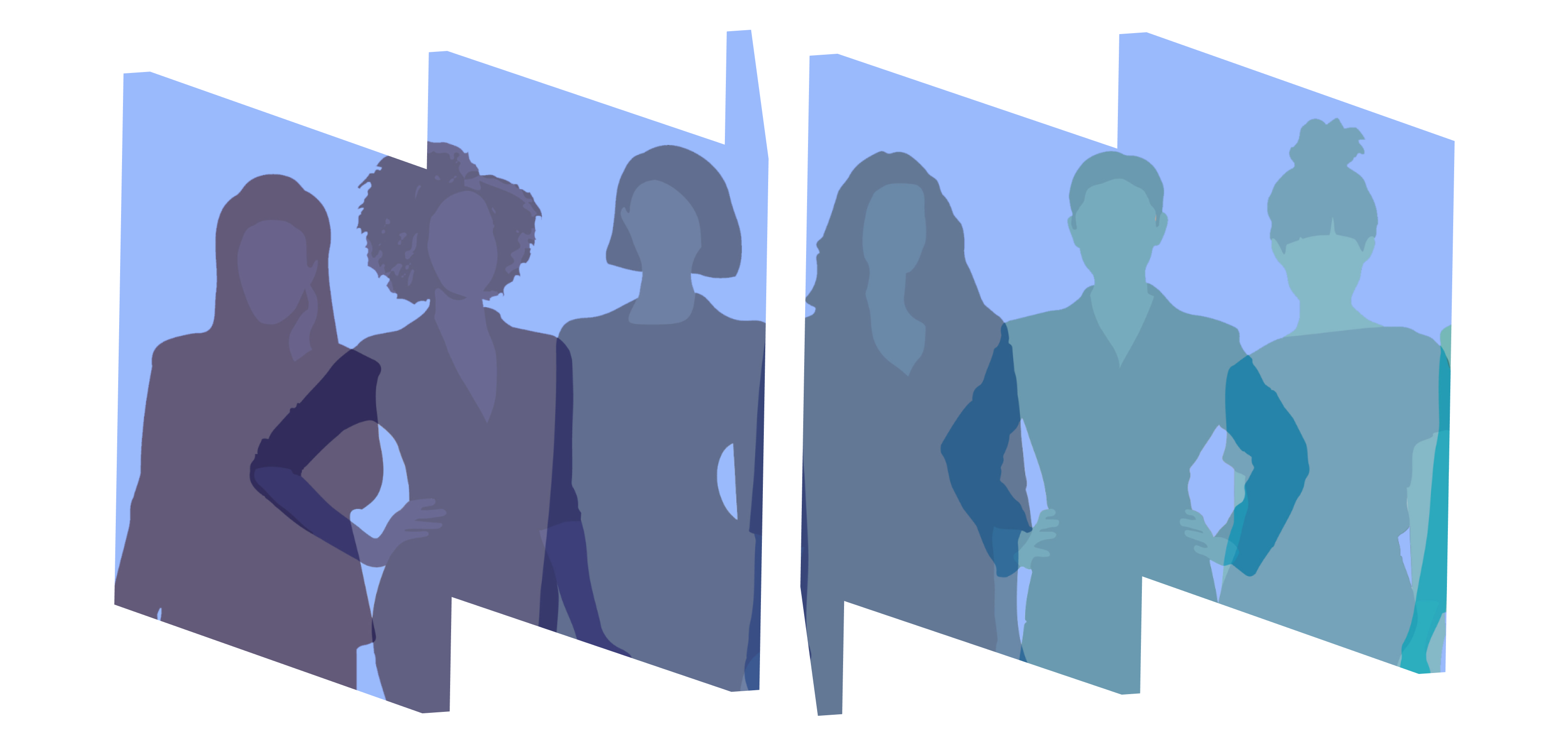 Illustration of several women in colorful silhouettes against light blue backdrop across frames of W and M.