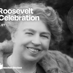 Black and white close up of Eleanor Roosevelt smiling. Text says "Eleanor Roosevelt Quarter Celebration" June 8, 2023 at 10 a.m. ET. Includes small logo of National Park Service, U.S. Mint, and National Women's History Museum.