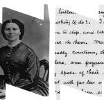 In left "W" frame, a black and white image of Clara Barton, seated. In right "W" frame, Clara's writing in cursive.