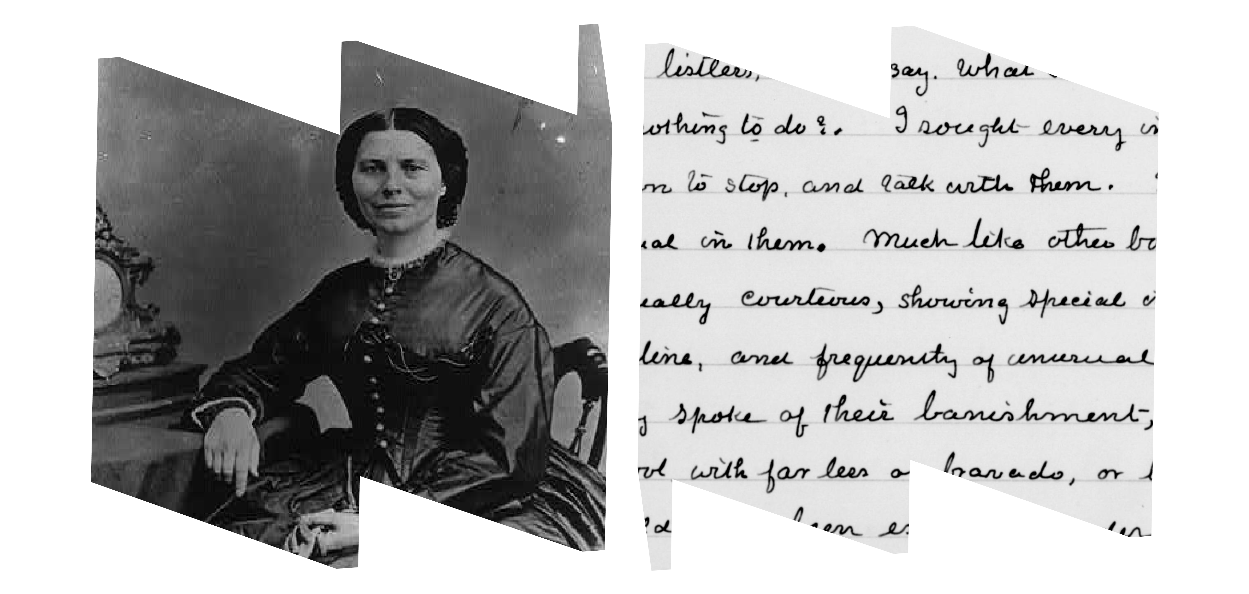 In left "W" frame, a black and white image of Clara Barton, seated. In right "W" frame, Clara's writing in cursive.