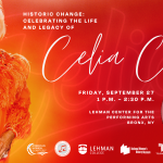 Image of Celia Cruz in orange with event details and image of the Celia Cruz coin and logos of the presenting hosts.